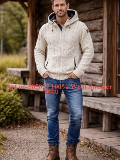 Art no-505027 100% Wool Sweater Men's full zipper and Hood Kabel
