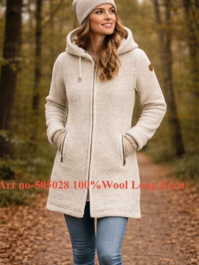 Art no-505028 100% Wool Long Sweater Lady’s full zipper and Hood